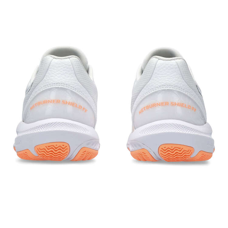 Asics Netburner Shield Womens Netball Shoes, White/Orange, rebel_hi-res