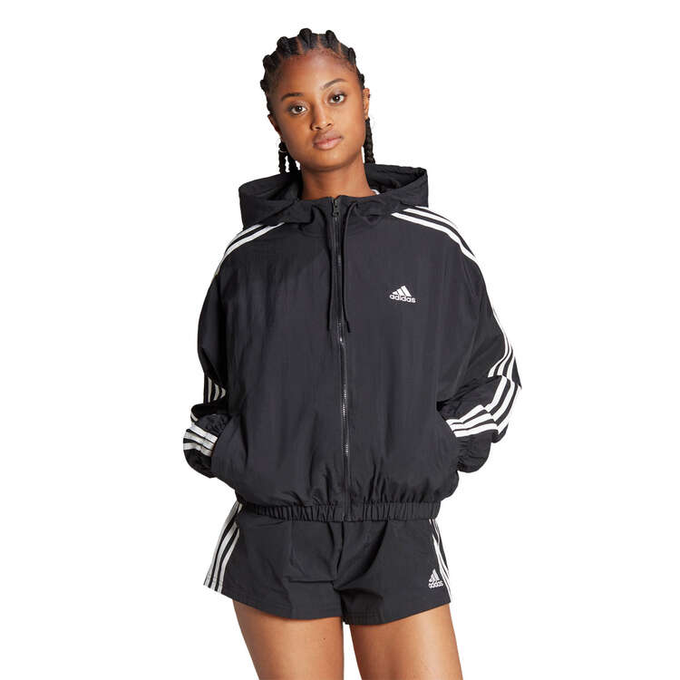 adidas Womens Essentials 3-Stripes Woven Windbreaker Black XS, Black, rebel_hi-res