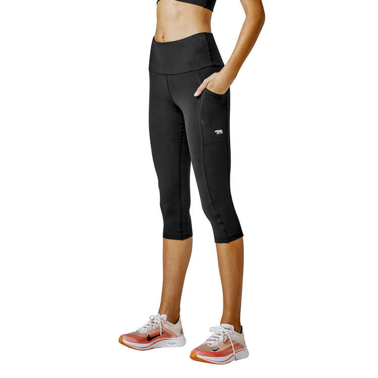 Running Bare Womens Ab Waisted Power Moves 3/4 Tights Black 8, Black, rebel_hi-res