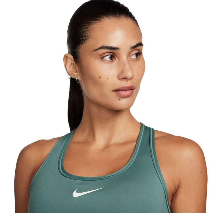 Nike Womens Dri-FIT Swoosh Medium Support Padded Sports Bra, Green/White, rebel_hi-res