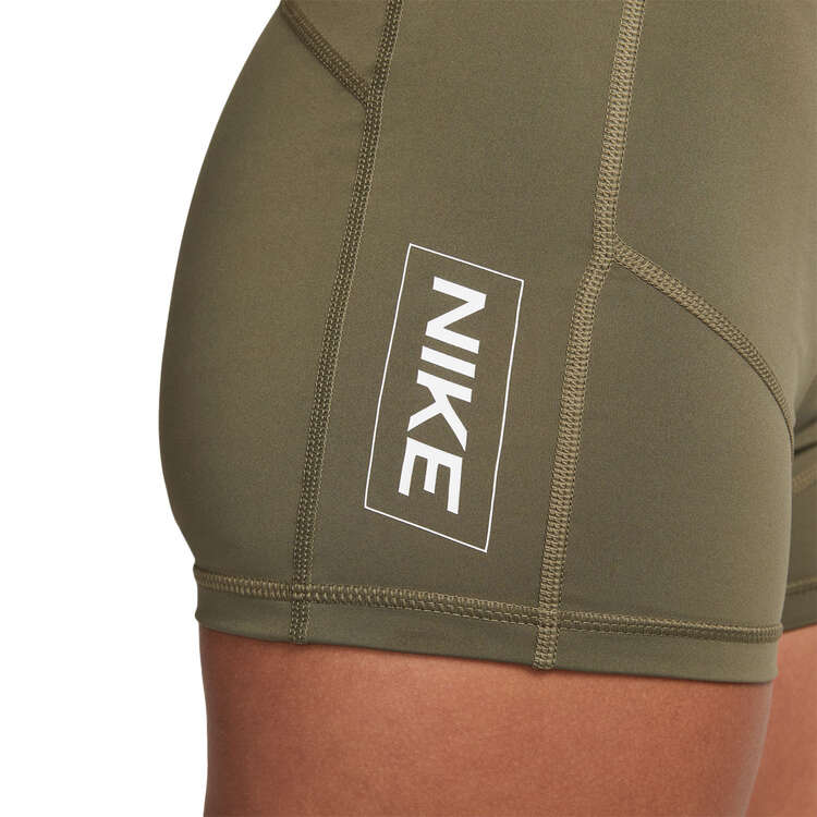 Nike Pro Womens Dri-FIT Mid-Rise 3 Inch Graphic Shorts Olive XL, Olive, rebel_hi-res