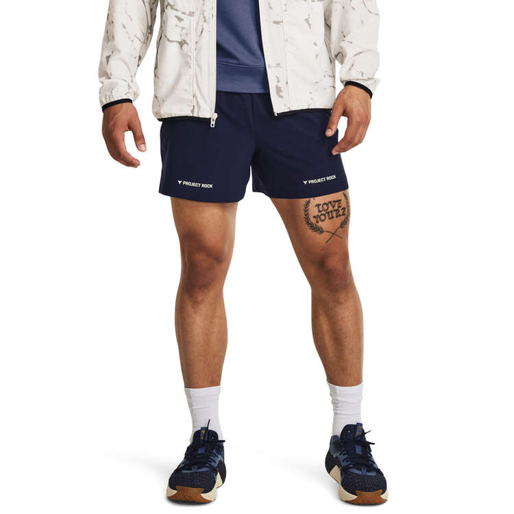 Under Armour Project Rock Mens 5-inch Woven Shorts Navy XS, Navy, rebel_hi-res