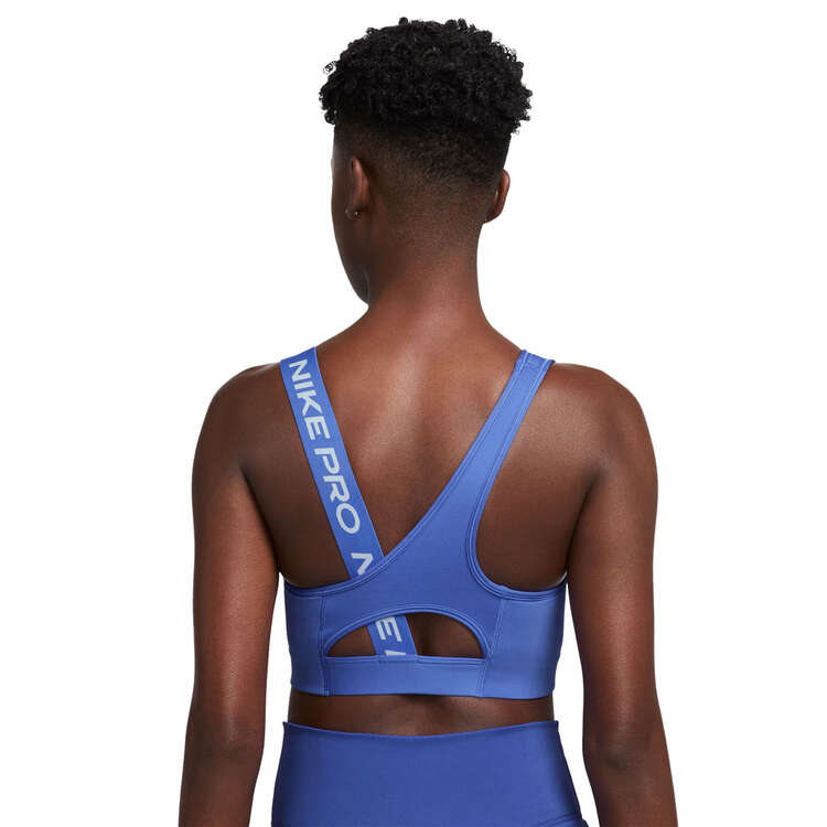 Nike Pro Womens Dri-FIT Swoosh Medium Support Asymmetrical Sports Bra, Blue, rebel_hi-res