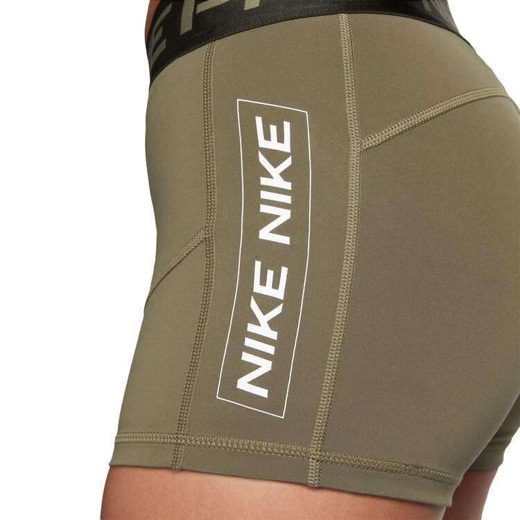 Nike Pro Womens Dri-FIT Mid-Rise 3 Inch Graphic Shorts Olive XL, Olive, rebel_hi-res