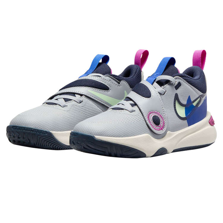 Nike Team Hustle D 11 PS Kids Basketball Shoes, Grey/Green, rebel_hi-res