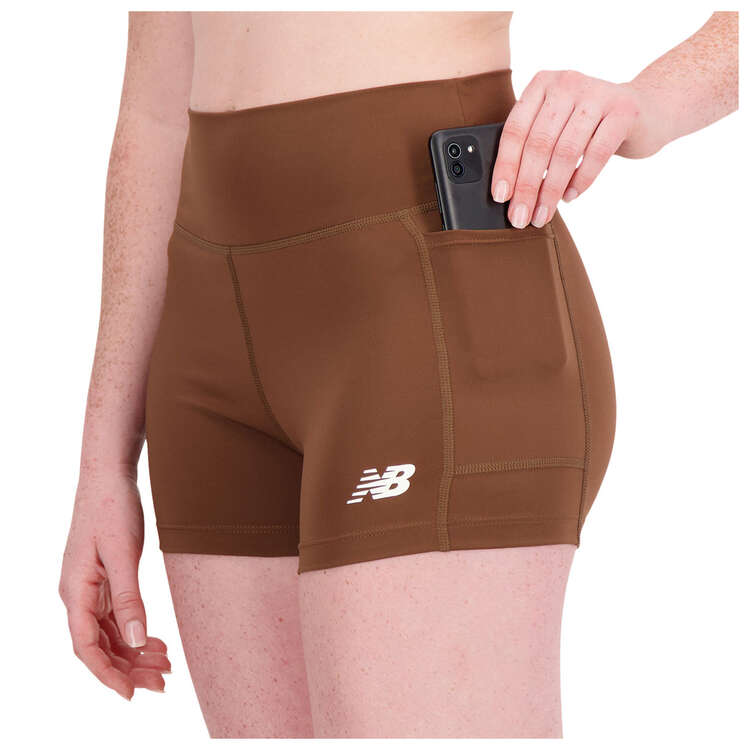 New Balance Womens Linear Heritage Fitted Shorts Brown XS, Brown, rebel_hi-res
