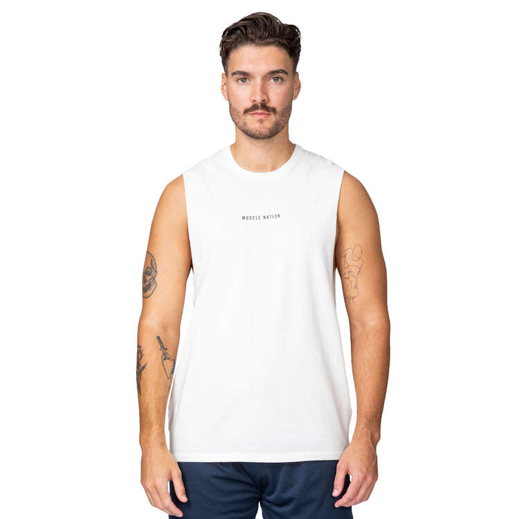 Muscle Nation Mens Ease Drop Arm Heavy Vintage Tank White S, White, rebel_hi-res