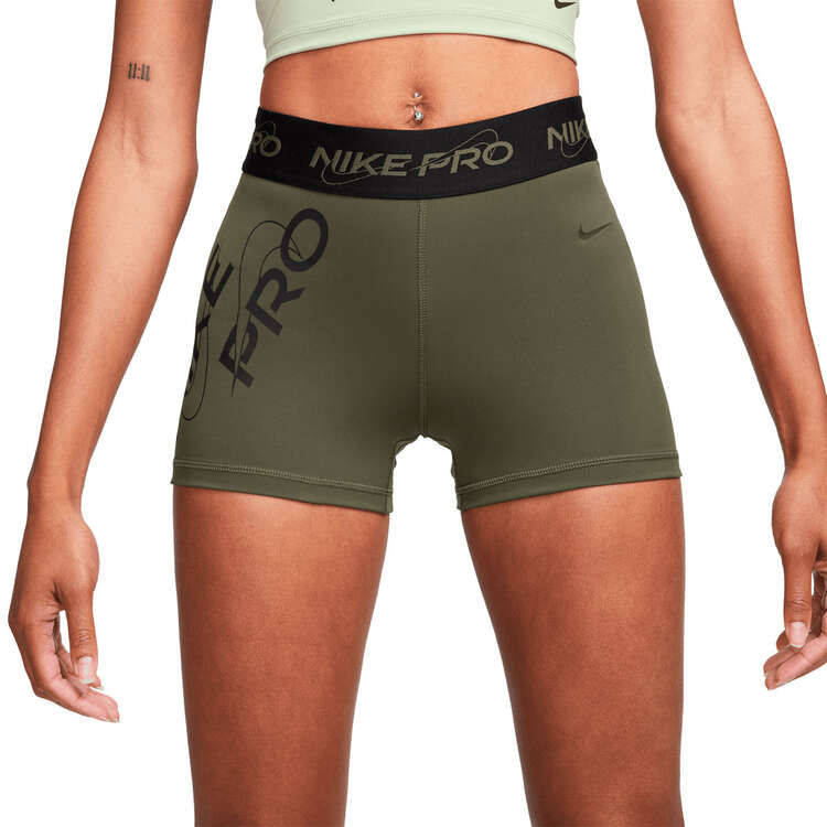 Nike Pro Womens Dri-FIT Mid-Rise 3 Inch Graphic Shorts, Cargo, rebel_hi-res