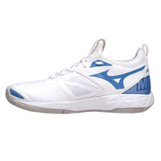 Mizuno Wave Momentum 2 Womens Netball Shoes White/Blue US 6.5, White/Blue, rebel_hi-res