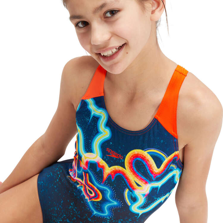 Speedo Girls Digital Placement Splashback Swimsuit, Navy/Blue, rebel_hi-res