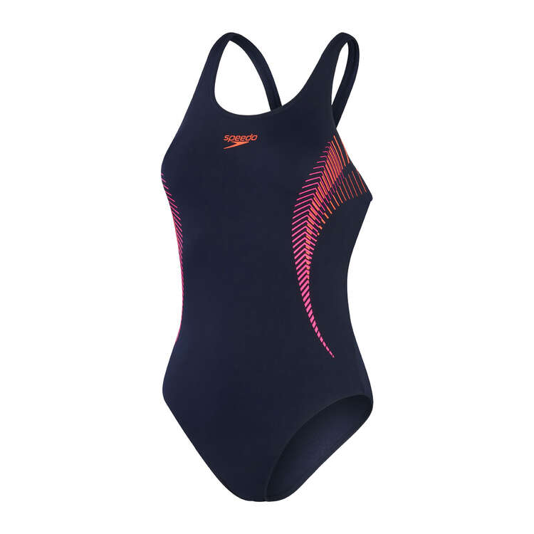 Speedo Womens Placement Muscleback One Piece Swimsuit, Navy/Pink, rebel_hi-res