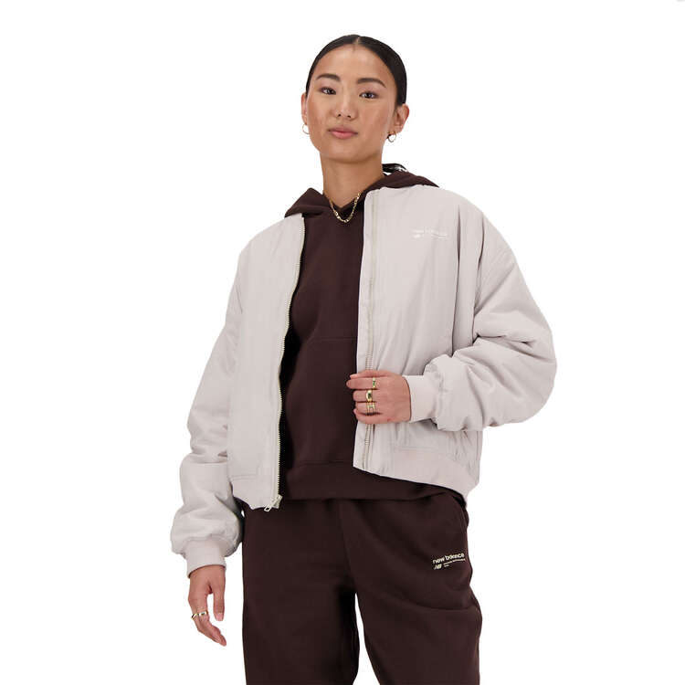 New Balance Womens Linear Heritage Woven Bomber Jacket, Grey, rebel_hi-res