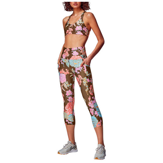Running Bare Womens Ab Waisted Power Moves 3/4 Tights, Print, rebel_hi-res
