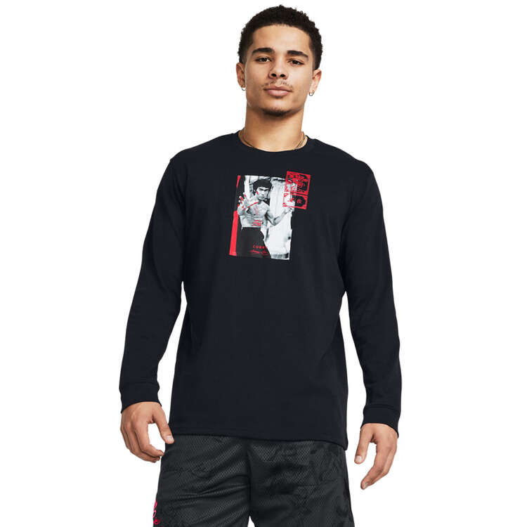 Under Armour Mens Curry Bruce Lee Lunar New Year Fire Long Sleeve Basketball Tee Black XS, Black, rebel_hi-res