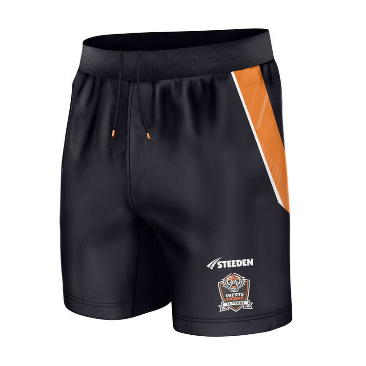 Wests Tigers 2024 Mens Training Shorts, Black/Orange, rebel_hi-res