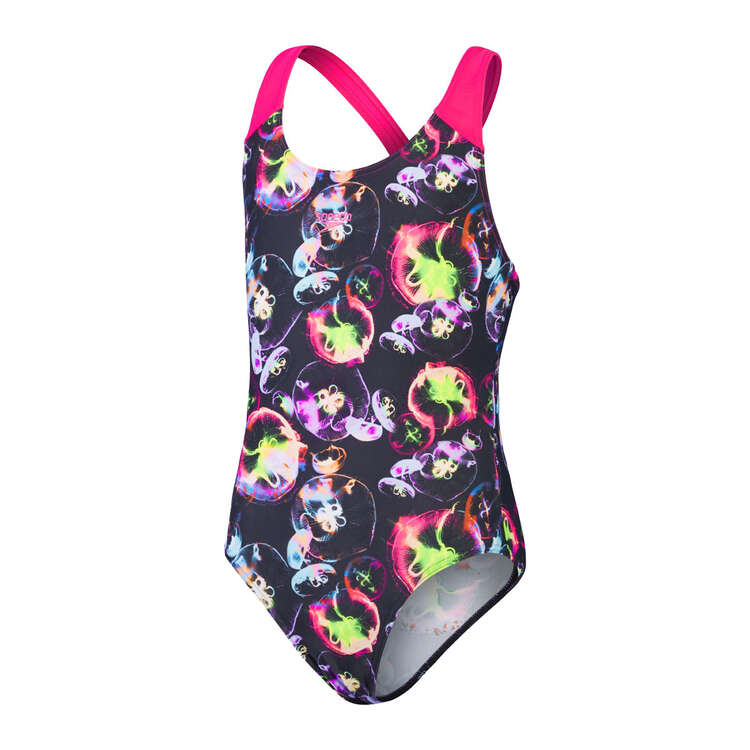 Speedo Girls Allover Placement Splashback Swimsuit, Black/Pink, rebel_hi-res
