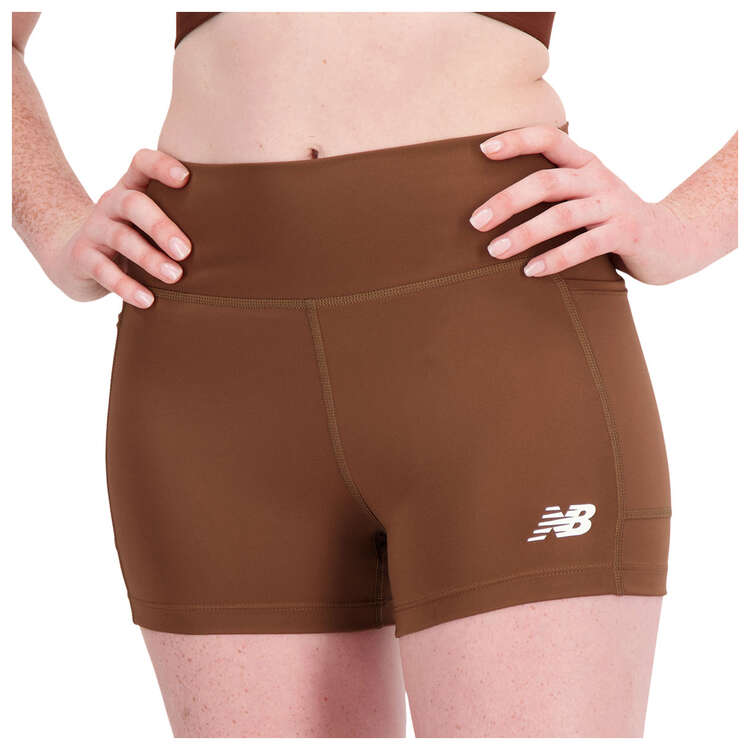 New Balance Womens Linear Heritage Fitted Shorts Brown XL, Brown, rebel_hi-res