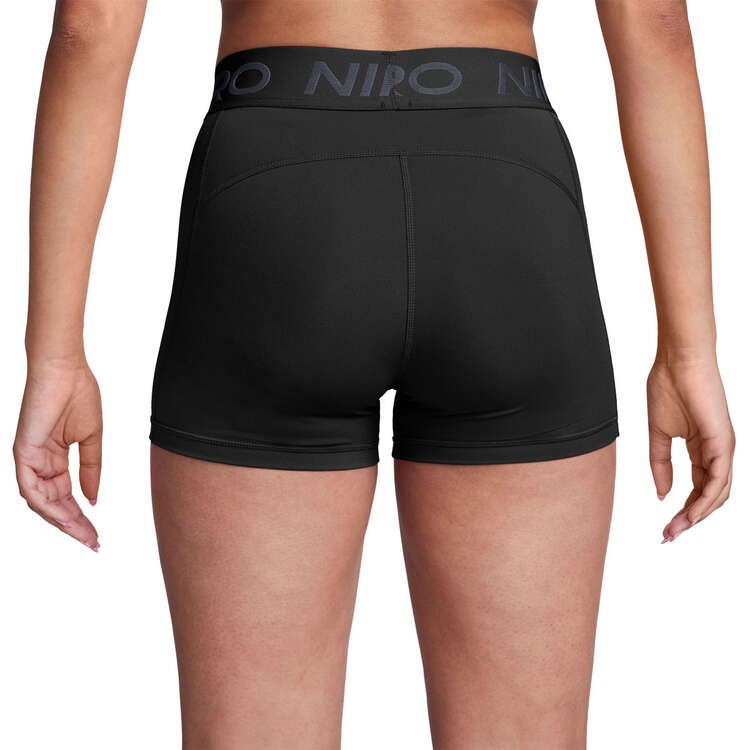 Nike Pro Womens Dri-FIT Mid-Rise 3 inch Shorts, Black/White, rebel_hi-res