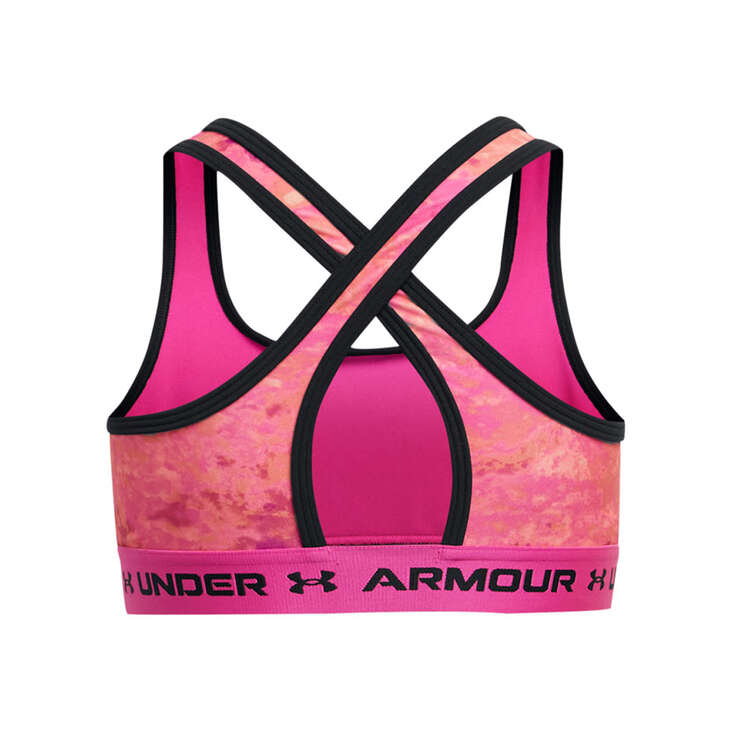 Under Armour Girls Crossback Mid Print Sports Bra, Pink, rebel_hi-res