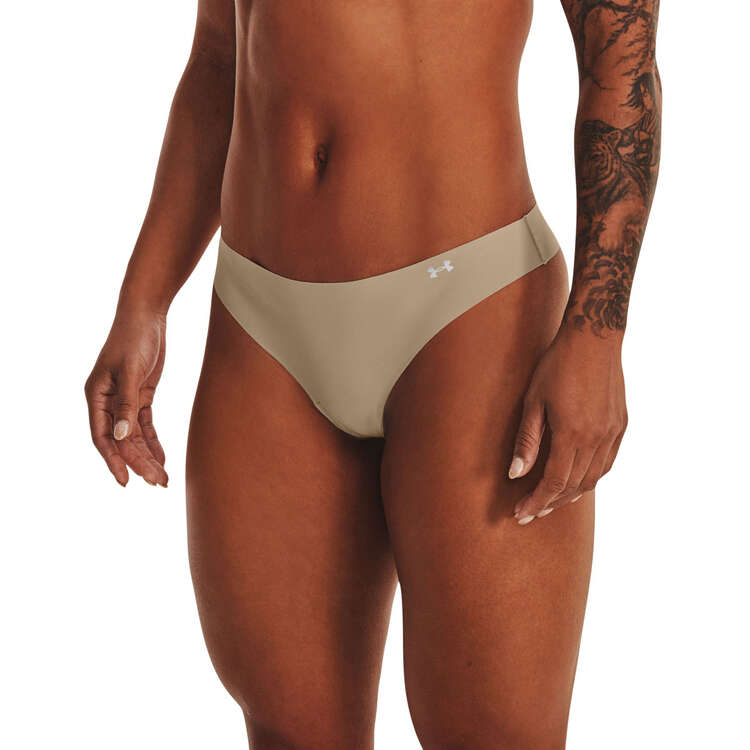 Under Armour Womens Pure Stretch Thong Briefs 3 Pack Brown XS, Brown, rebel_hi-res
