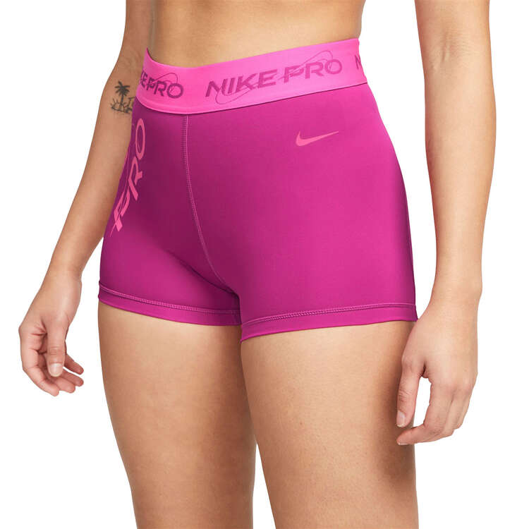 Nike Pro Womens Dri-FIT Mid-Rise 3 Inch Graphic Shorts Pink XS, Pink, rebel_hi-res