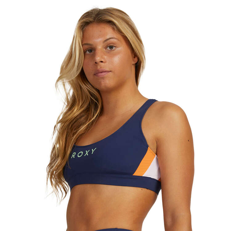 Roxy Womens Lakana Active T-Back Crop Swim Top, Grey/Orange, rebel_hi-res