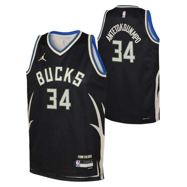 Jordan Youth Milwaukee Bucks Giannis Antetokounmpo 2023/24 Statement Basketball Jersey, Black, rebel_hi-res