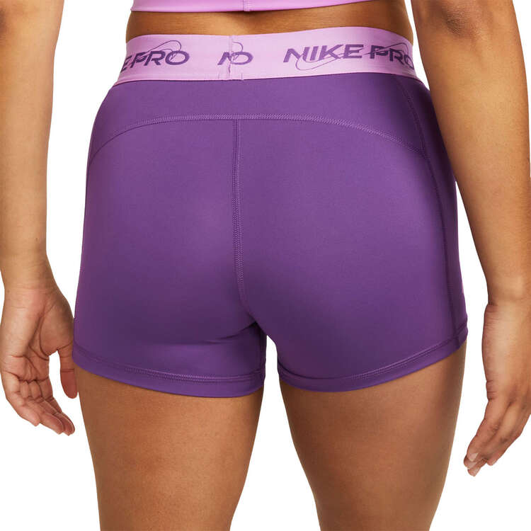 Nike Pro Womens Dri-FIT Mid-Rise 3 Inch Graphic Shorts, Purple, rebel_hi-res