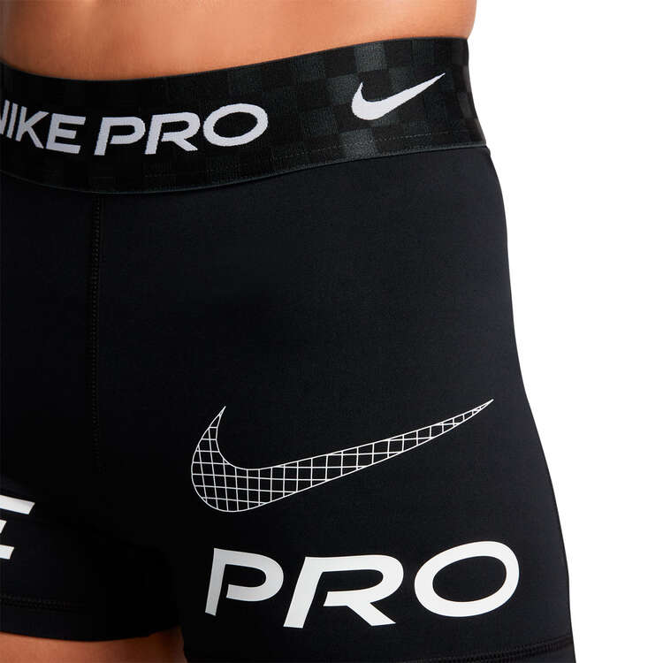 Nike Pro Womens Dri-FIT Mid-Rise 3 Inch Graphic Shorts, Black, rebel_hi-res
