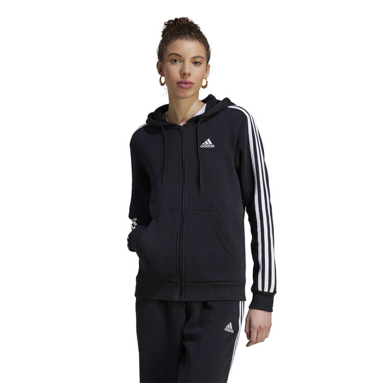adidas Womens Fleece 3-Stripes Full-Zip Fleece Hoodie Black XS, Black, rebel_hi-res