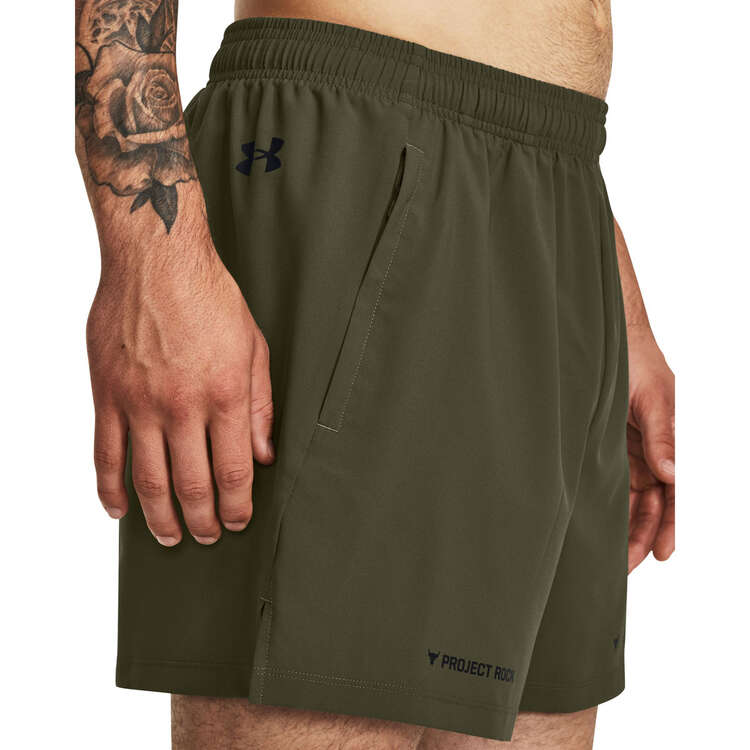 Under Armour Project Rock Mens 5-inch Woven Shorts, Green, rebel_hi-res