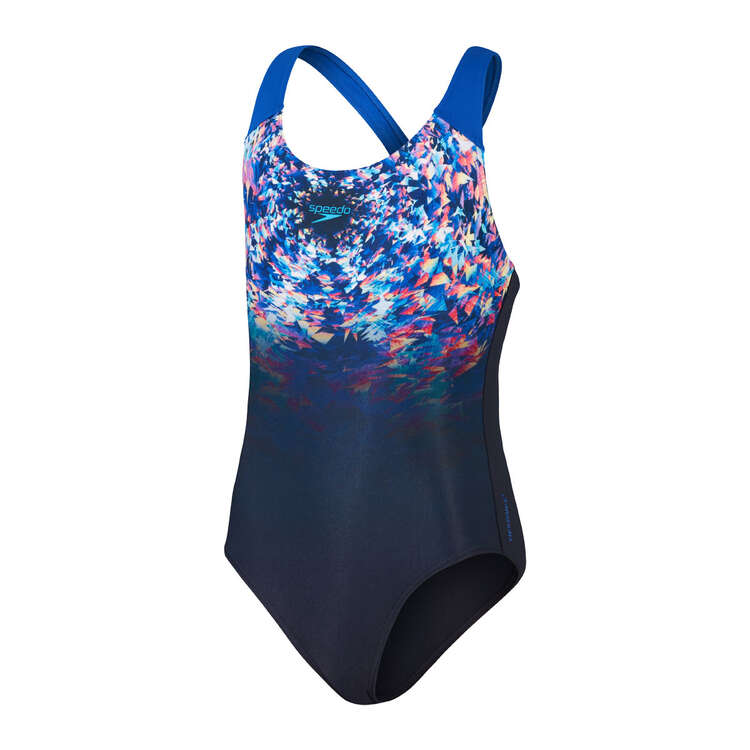 Speedo Girls Digital Placement Splashback Swimsuit, Navy/Orange, rebel_hi-res