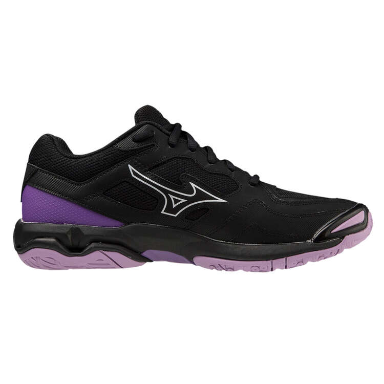 Mizuno Wave Phantom 3 NB Womens Netball Shoes Black/Purple US 7.5, Black/Purple, rebel_hi-res