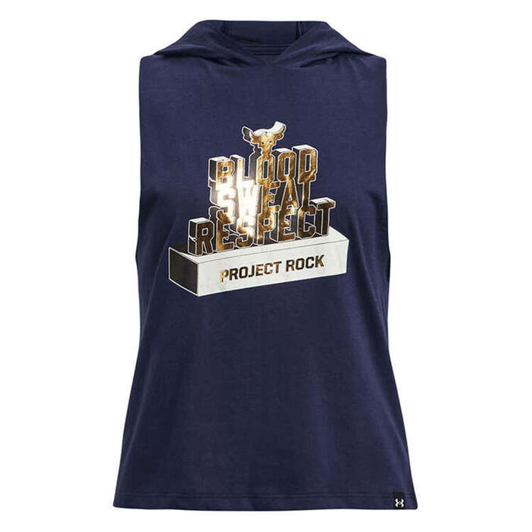 Under Armour Project Rock Girls Sleevless Hooded Tee Navy XS, , rebel_hi-res