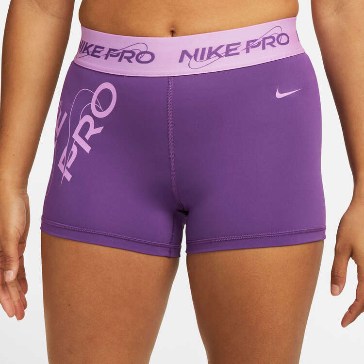 Nike Pro Womens Dri-FIT Mid-Rise 3 Inch Graphic Shorts, Purple, rebel_hi-res