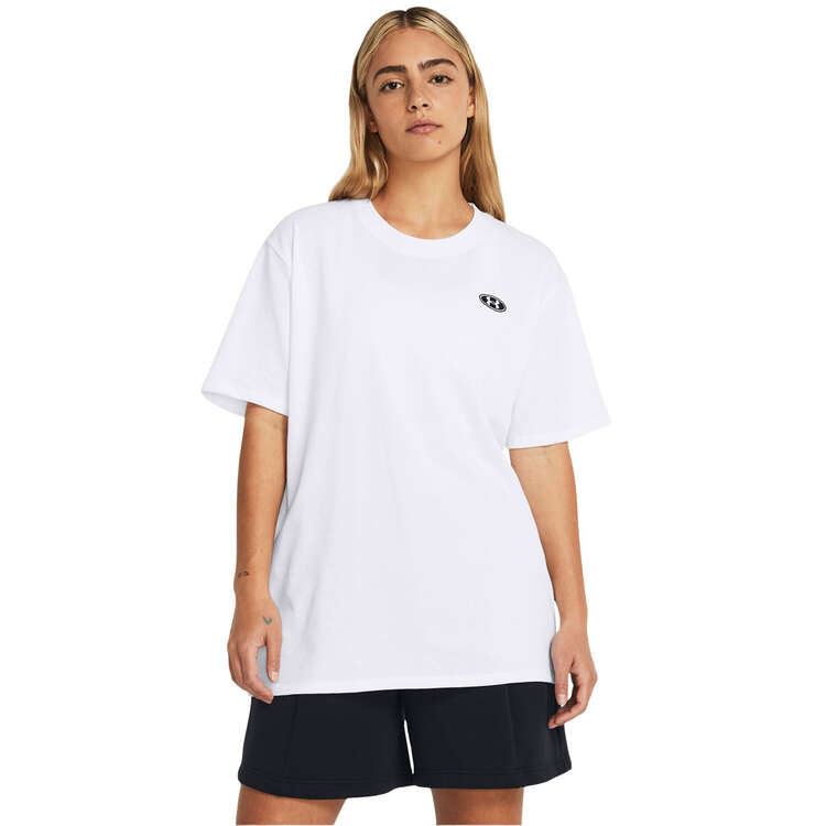 Under Armour Womens Heavyweight Embroidered Patch Boyfriend Tee White XS, White, rebel_hi-res