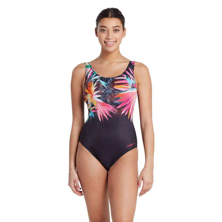 Zoggs Womens Scoopback One Piece Swimsuit, Black/Multi, rebel_hi-res