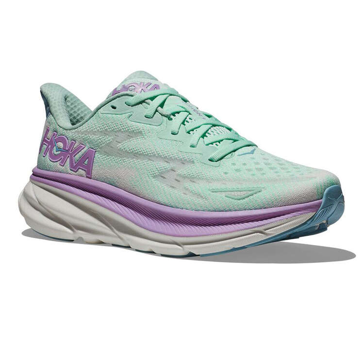 Hoka Clifton 9 Womens Running Shoes, Green/Purple, rebel_hi-res