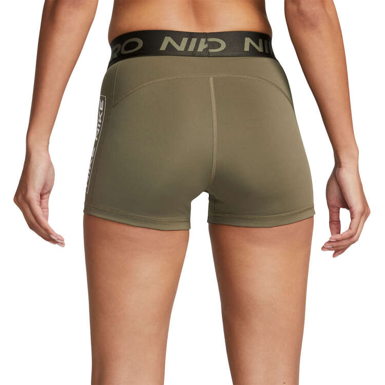 Nike Pro Womens Dri-FIT Mid-Rise 3 Inch Graphic Shorts Olive XXS, Olive, rebel_hi-res
