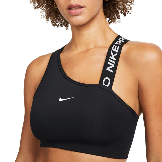 Nike Pro Womens Dri-FIT Swoosh Medium Support Asymmetrical Sports Bra, Black, rebel_hi-res