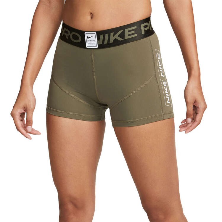 Nike Pro Womens Dri-FIT Mid-Rise 3 Inch Graphic Shorts Olive XXS, Olive, rebel_hi-res