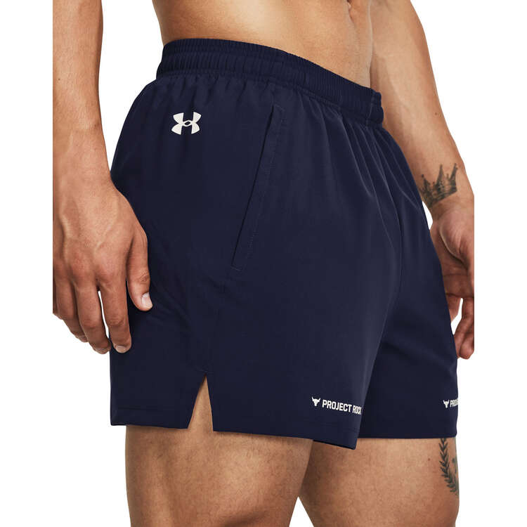 Under Armour Project Rock Mens 5-inch Woven Shorts, Navy, rebel_hi-res