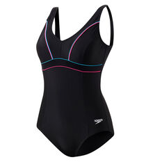 Speedo Womens Leisure Clovely Piped One Piece Swimsuit Black/Pink 8, Black/Pink, rebel_hi-res