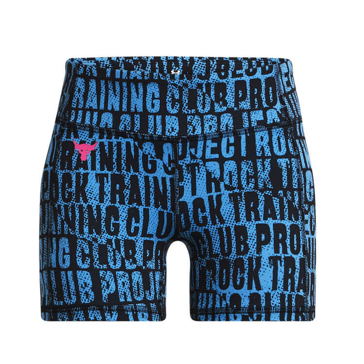 Under Armour Girls Project Rock Middy Printed Short Tights Black/Blue XS, Black/Blue, rebel_hi-res