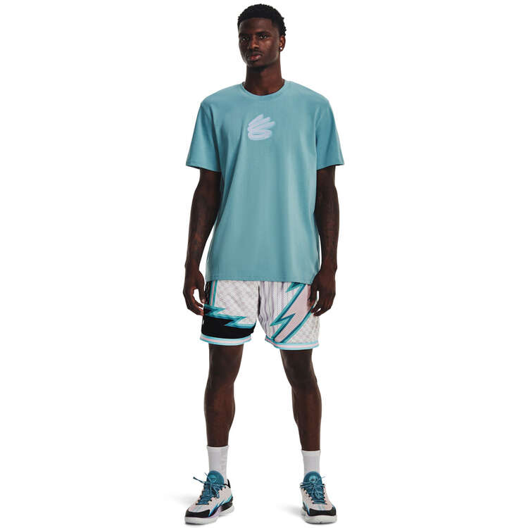 Under Armour Mens Curry Heavyweight Logo Tee, Blue/Pink, rebel_hi-res