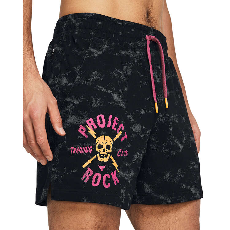 Under Armour Project Rock Mens Printed Terry Shorts, Black, rebel_hi-res