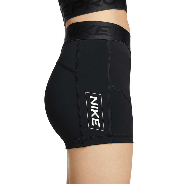 Nike Pro Womens Dri-FIT Mid-Rise 3 Inch Graphic Shorts, Black, rebel_hi-res
