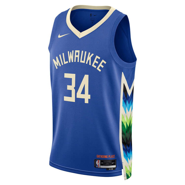 Nike Milwaukee Bucks Mens Giannis Antetokounmpo 2022/23 City Basketball Jersey Blue S, Blue, rebel_hi-res