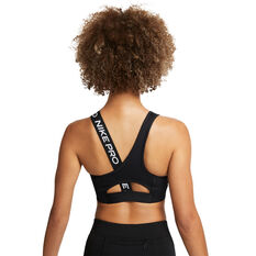 Nike Pro Womens Dri-FIT Swoosh Medium Support Asymmetrical Sports Bra Black XS, Black, rebel_hi-res