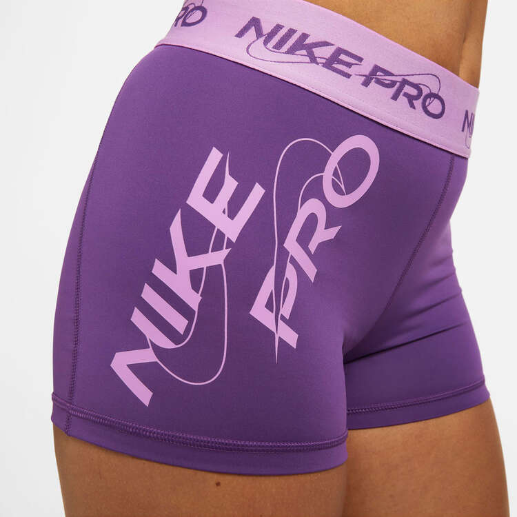 Nike Pro Womens Dri-FIT Mid-Rise 3 Inch Graphic Shorts Purple XS, Purple, rebel_hi-res